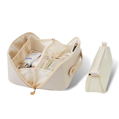 Ompellus Travel Cosmetic Bag, Upgraded PU Leather Large Capacity Portable Makeup Box with Compartments & Mash Bag Multifunctional Storage Toiletry Bag (White)