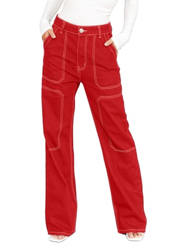 Dokotoo Wide Leg Jeans for Women Casual High Waisted Cargo Jeans Denim Pants Red Size 12