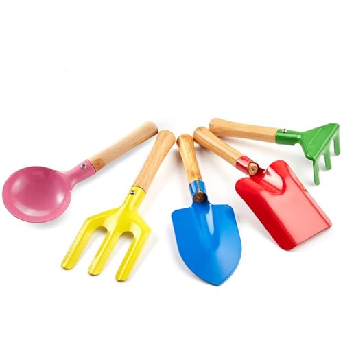 Egashow 5 Piece 8' Kids Gardening Tools, Made of Metal with Sturdy Wooden Handle, Safe Beach Sandbox Snow Field Toy Gardening Equipment Spoon, Fork, Trowel, Rake & Shovel for Children