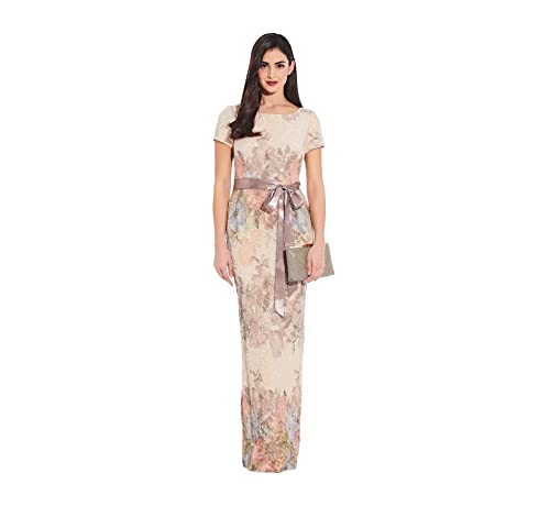 Adrianna Papell Women's Floral S/S MATTELASSE Gown W/Ribbon TIE Waist, Blush Multi, 8