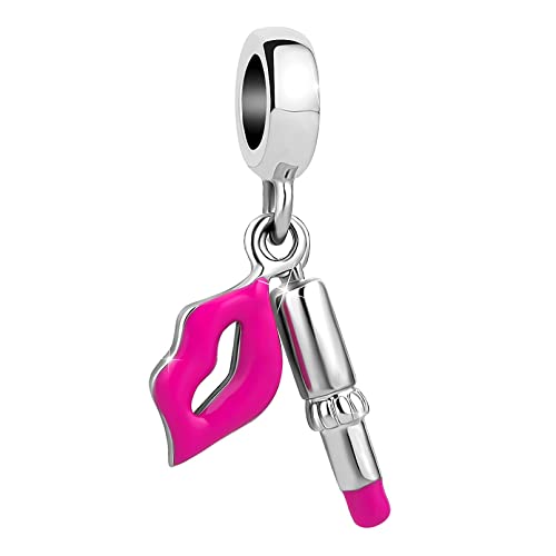 NARTGO Women Girls Sexy Pink Lips and Lipstick Charm Compatible with Pandora Charms Bracelets