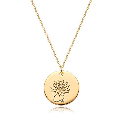 MYEARS Women Birth Flower Necklace Gold Coin Engraved Disc Month July Lotus Flower Bouquet Pendant 14K Gold Plated Dainty Chain Personalized Floral Jewelry Birthday Gift
