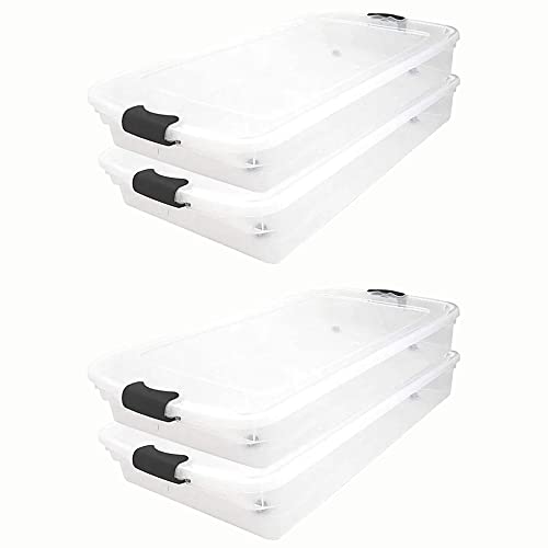 HOMZ 60 Quart Latching Underbed Durable Clear Base Storage Organizer Container Box Tote with Easy Grip Handles and Glide Wheels, Clear (4 Pack)