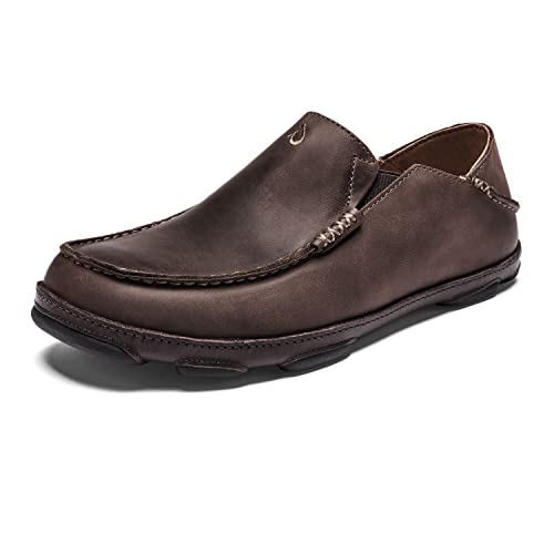 OLUKAI Moloa Men's Leather Slip On Shoes, Waxed Nubuck Leather & Soft Moisture-Wicking Lining, Drop-in Heel & All Weather Rubber Soles, Dk Wood/Dk Java, 12