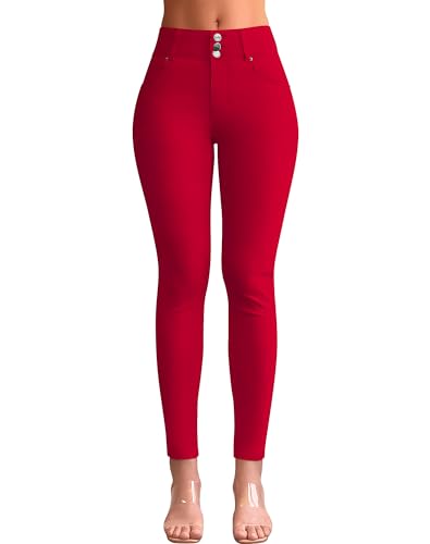 roswear Women's High Waisted Slim Fit Jeans Button Fly Denim Pants Red Medium