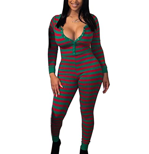 KMBANGI Christmas One Piece for Women Fleece Hooded Jumpsuit Zipper Romper Sexy One Piece Pajamas Sleepwear(Stripes Green Red,Medium)