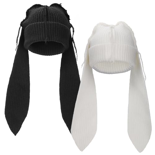 Cosweet Cute Bunny Beanie Knit Hats - Warm & Adorable Bunny Ears Knitted Beanie Caps for Women Adults Kids Winter Easter and Parties Halloween (White, Black)