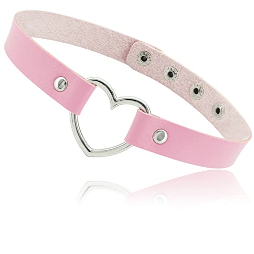 ETHOON Love Heart PU Leather Choker Necklace Goth Choker Collar Chain Pink