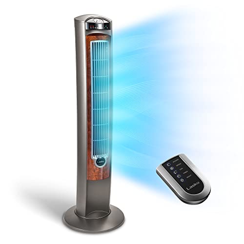 Lasko Oscillating Tower Fan, Nighttime Setting, Remote Control, Portable, Timer, for Bedroom, Home and Office, 3 Quiet Speeds, 42.5', Silverwood, T42954, woodgrain and grey