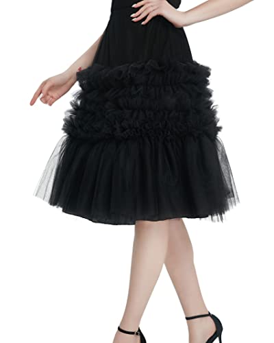Modeway BlackTulle Skirts for Women Adult Tutu Layered Midi Knee Length Short Puffy Underskirt Crinoline Petticoat