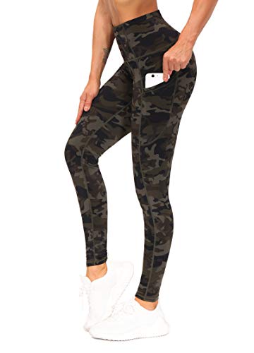 THE GYM PEOPLE Thick High Waist Yoga Pants with Pockets, Tummy Control Workout Running Yoga Leggings for Women (Large, Army Green Camo)