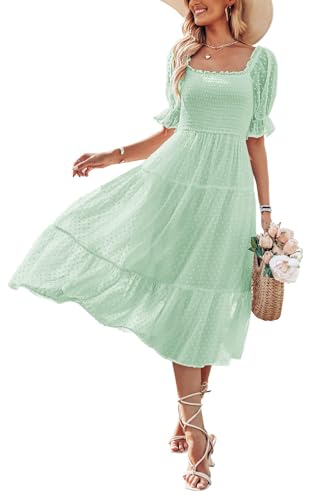 MEROKEETY Women's 2024 Chiffon Swiss Dot Summer Dress Short Lantern Sleeve Swing Midi Dress, Mint, S