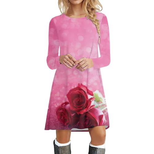 FAMOORE Dress Cute Women Valentine's Day Print Round Neck Long Sleeve Tunic Dress Solid Midi Dress (Hot Pink, M)