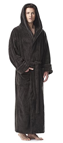 Arus Mens Hooded Fleece Long Ankle Length Turkish Bath Robe Charcoal, Large-X-Large