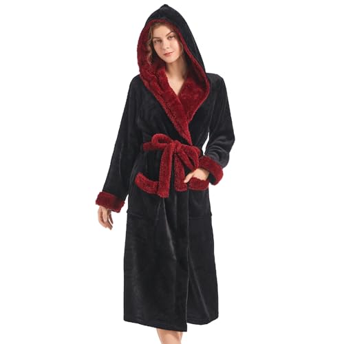 YOIPNEF Women Hooded Plush Robe, Fleece Cozy Warm Bathrobe Fuzzy Female Spa Robe With Pockets Spa Bathrobe,BLACK+BURGUNDY, S/M