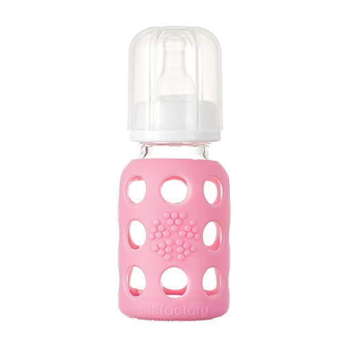 Lifefactory 4-Ounce Glass Baby Bottle with Protective Silicone Sleeve and Stage 1 Nipple Pink (LF110003C4)