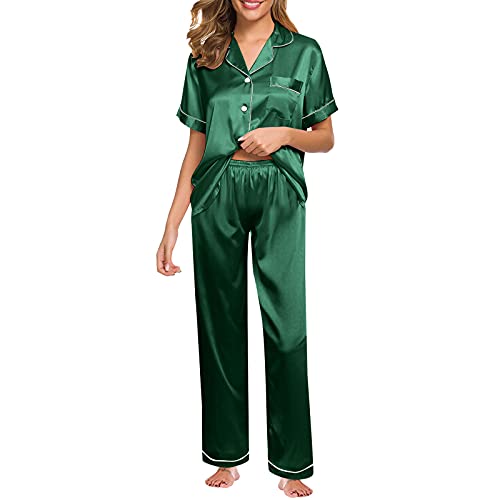 melupa Womens Plus Size Silk Satin Pajamas Short/Long Sleeve Loungewear Two-piece Sleepwear Button Down Nightwear Soft Pj Set B-green