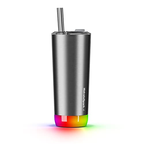 HidrateSpark PRO Smart Tumbler with Lid & Straw – Insulated Stainless Steel – Tracks Water Intake with Bluetooth, LED Glow Reminder When You Need to Drink – 20oz, Brushed