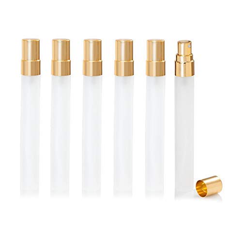 Enslz 10ml Mini Frosted Spray Bottles Refillable Fragrance Perfume Scent Bottle Empty Glass Atomizer for Travel 10 pcs (Gold)