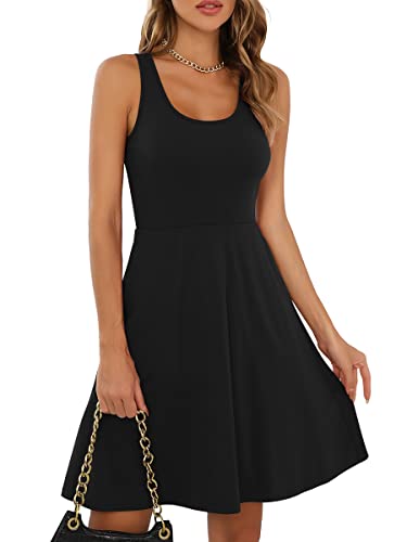 Missufe Women's Sleeveless Racerback Flared Casual Plain Knee Length Tank Dress (Black 01, Small)