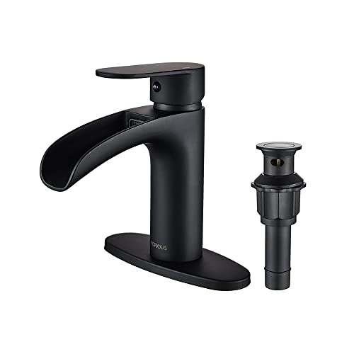 FORIOUS Black Waterfall Bathroom Faucet Single Handle, Single Hole Bathroom faucets with Metal Pop up Drain, 6 inch Matte Black Bathroom Sink Faucet 1 Hole Waterfall Faucet, Brass Vanity Faucet Black