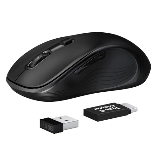 Deeliva Wireless Mouse, Computer Mouse Wireless 2.4G USB Cordless Mouse with 3 Adjustable DPI, 6 Buttons, Ergonomic Portable Silent Mice with Type-C Adapter for Laptop PC Computer (Black)