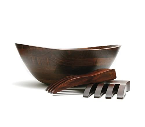 Lipper International Cherry Finished Wavy Rim Serving Bowl with 2 Salad Hands, Large, 13' x 12.5' x 5', 3-Piece Set