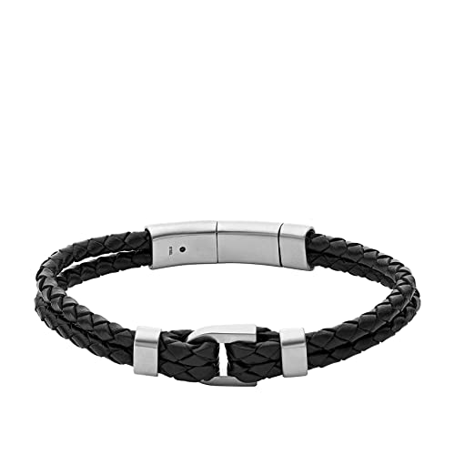Fossil Men's Heritage D Link Leather Bracelet, Color: Black/Silver (Model: JF04199040)