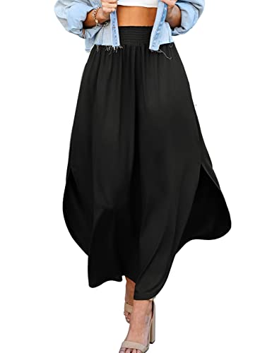 DOUBLJU Casual High Waisted Maxi Skirts with Pockets Elastic Wide Waist Band Side Deep Slit Skirt for Womens with Plus Size