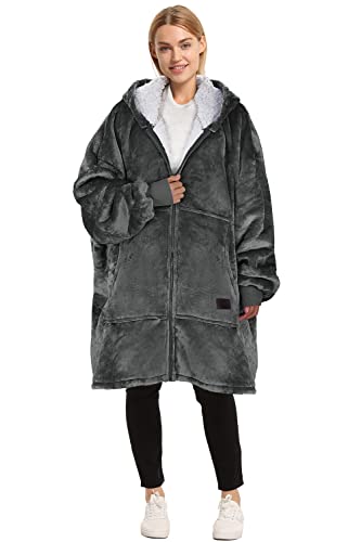 Catalonia Zip Up Blanket Hoodie Sweatshirt, Oversized Sherpa Pullover Jacket Coat for Men Women, Comfortable Gift for Her Grey