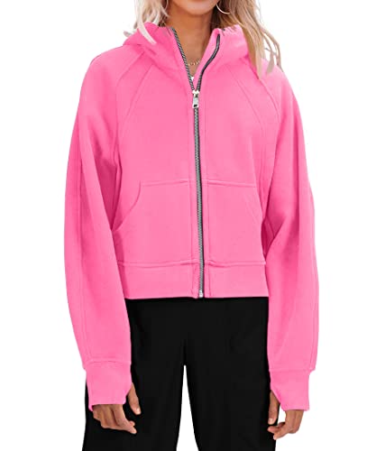 Fisoew Womens Zip Up Sweatshirts Fleece Lined Collar Crop Hoodie Casual Cotton Long Sleeve Tops with Thumb Hole