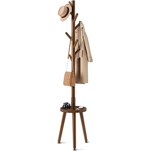 GREENSTELL Coat Rack, Wooden Coat Rack Freestanding with Shelf, Coat Tree with 4 Height Options 50.5'-72.6' for Clothes/Bag/Hats, Hanger Stand for Entryway/Living Room/Bedroom/Office, Brown