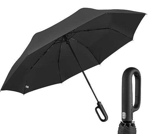 LEAGERA Compact Small Travel Umbrella - Arc 46 Inch, Automatic Umbrella Folding Umbrella with Novelty Carabiner Handle（Buckle design, Portable & Lightweight Umbrella's for Rain&Sun,Black