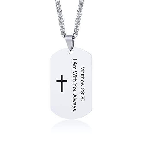 MEALGUET Stainless Steel Matthew 28:20 Bracelet, I Am With You Always Bible Verse Quote Engraved Faith Christian Spiritual Inspirational Cross Dogtag Necklace for Men with Chain for Son,Silver