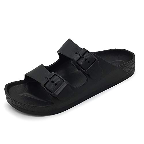FUNKYMONKEY Women's Comfort Slides Double Buckle Adjustable EVA Flat Sandals (6 M US-Women, Black)