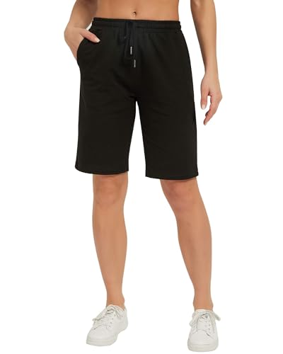 Stelle Womens Bermuda Knee Length Athletic Exercise Running Lounge Sweat Shorts with Deep Pockets (Large, 10' Black)