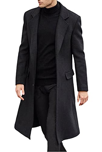 chouyatou Men's Fall Winter Office Single Breasted Long Dress Wool Coat Overcoat (Medium, Black)