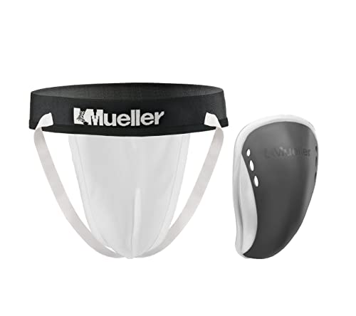 Mueller Sports Medicine Mueller Adult Athletic Supporter with Flex Shield Cup, Medium, White/Gray, 1 Count