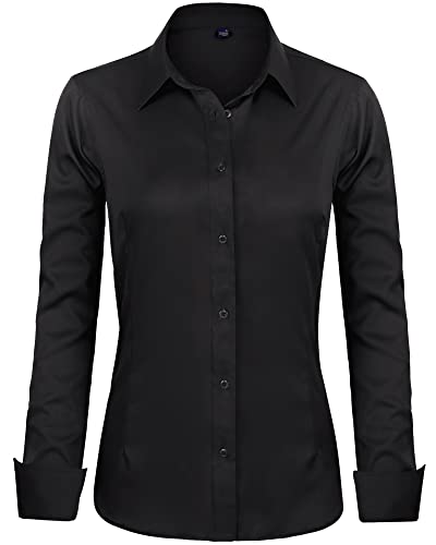 J.VER Womens Dress Shirts Long Sleeve Button Down Shirts Wrinkle-Free Stretch Regular Fit Solid Work Formal Blouse Black Medium