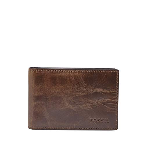 Fossil Men's Derrick Leather Slim Minimalist Magnetic Money Clip Bifold Front Pocket Wallet, Dark Brown, (Model: ML3684201)