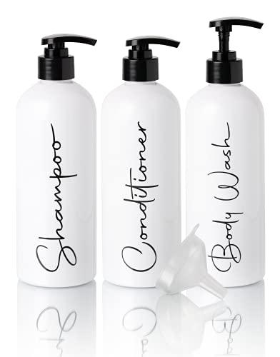 Alora 32oz Reusable Shampoo and Conditioner Bottles - Set of 3 - Easy to Read Labels - Pump Bottle Dispenser for Shampoo, Conditioner, Body Wash - Empty Plastic Refillable Containers for Shower