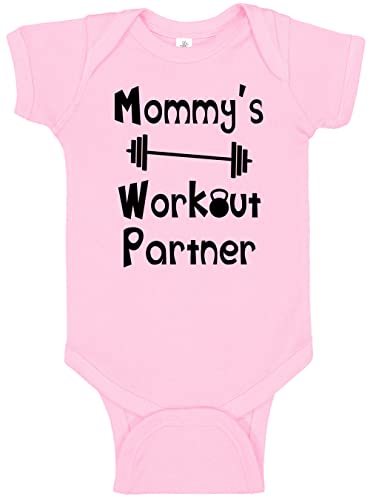 Reaxion Aiden's Corner - Mommy's or Daddy's Workout Partner Bodysuits - Funny Baby Boy & Girl Clothes (0-3 Months, Mom_Pink)