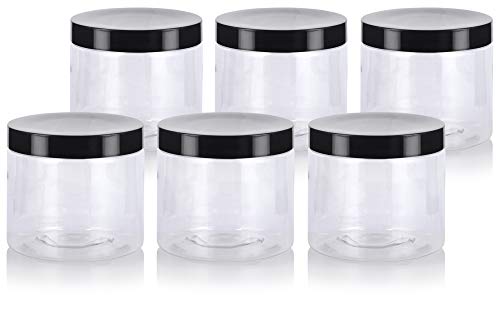 JUVITUS 16 oz Clear PET Plastic (BPA Free) Large Refillable Jar with Black Smooth Lids (6 pack)