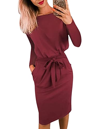PRETTYGARDEN 2023 Fashion Fall Dresses for Women Casual Long Sleeve Belted Party Bodycon Sheath Pencil Dress (Wine Red,Small)