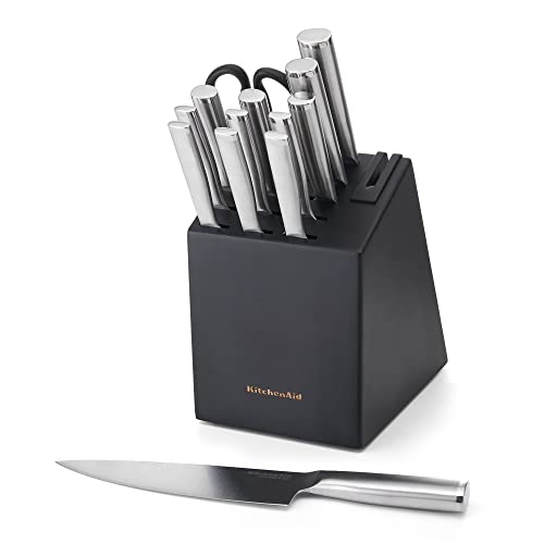 KitchenAid Gourmet Forged Stainless Steel Knife Block Set with Built-in Knife Sharpener, High-Carbon Japanese Stainless Steel Kitchen Knives, Sharp Kitchen Knife Set with Block, 14 Piece, Black