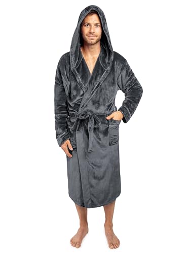 PAVILIA Mens Robe, Hooded Soft Robe for Men, Warm Bathrobe with Hood for Bath Shower Spa with Shawl Collar, Pockets, Satin Trim, Plush Fleece - Dark Gray