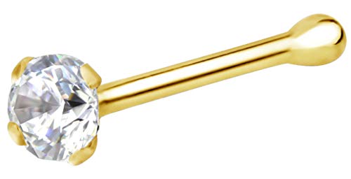 Forbidden Body Jewelry FBJ 14k Gold Nose Ring, 22g, Solid 7mm Micro Stud, 2mm CZ Simulated Diamond, Non-Irritating Skin Safe Real Gold, Women/Men (Sold Individually)
