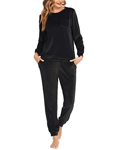 Ekouaer Womens Pajama Set Long Sleeve Nightwear Lounge Pajama Set With Pockets Sports Activewear Black M