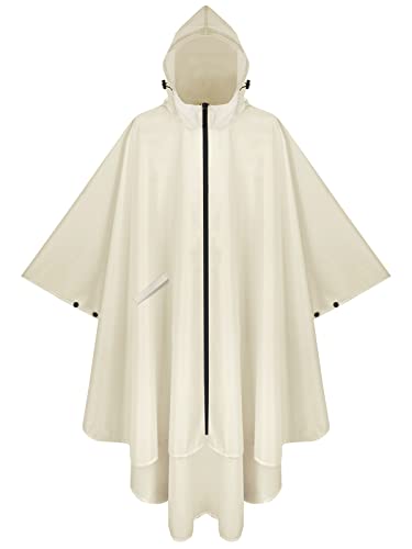 PTEROMY Hooded Rain Poncho for Adult with Pocket and Zipper, Waterproof Lightweight Raincoat for Men and Women (Beige)