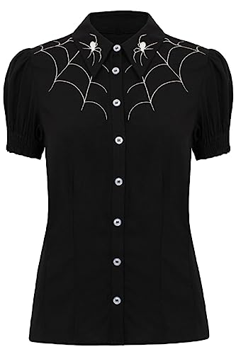 Hell Bunny Arania Blouse Spider Web Gothic Elasticated Cuffs Shirt Top, Black, L
